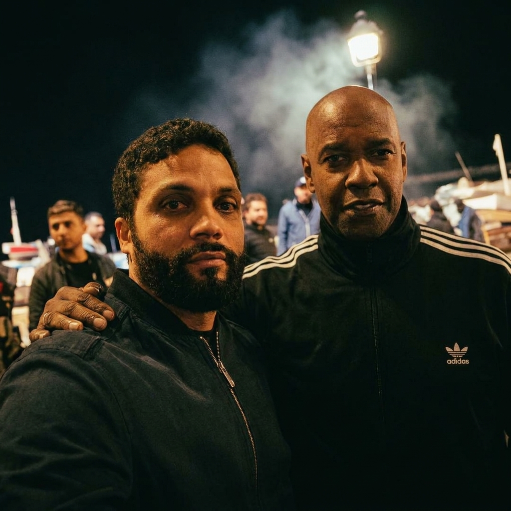 Denzel Washington e Miguel al Caffè Vittoria durante le riprese di The Equalizer 3, Atrani 2023